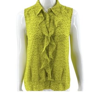 CAbi Reign Chartreuse & Gray Ruffle Font Blouse, Sleeveless with Collar, Sz S